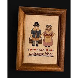 VTG Cottage-Core Handmade Cross-Stitched  Framed Couple Pilgrims